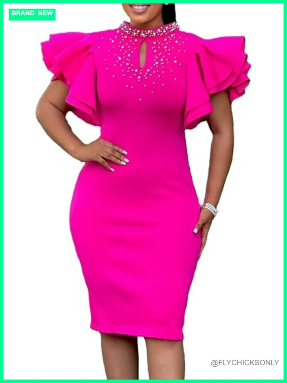 Women's Sexy Bodycon Pencil Midi Dress with Ruffle Sleeves Mock Neck Beaded